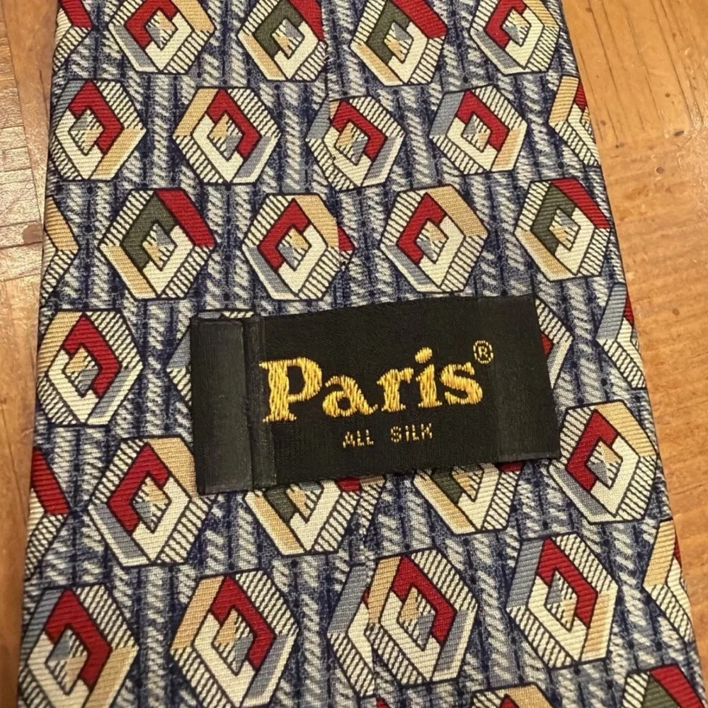 Vintage Paris Silk Tie Red Blue Beige Green Geometric Bold Print USA